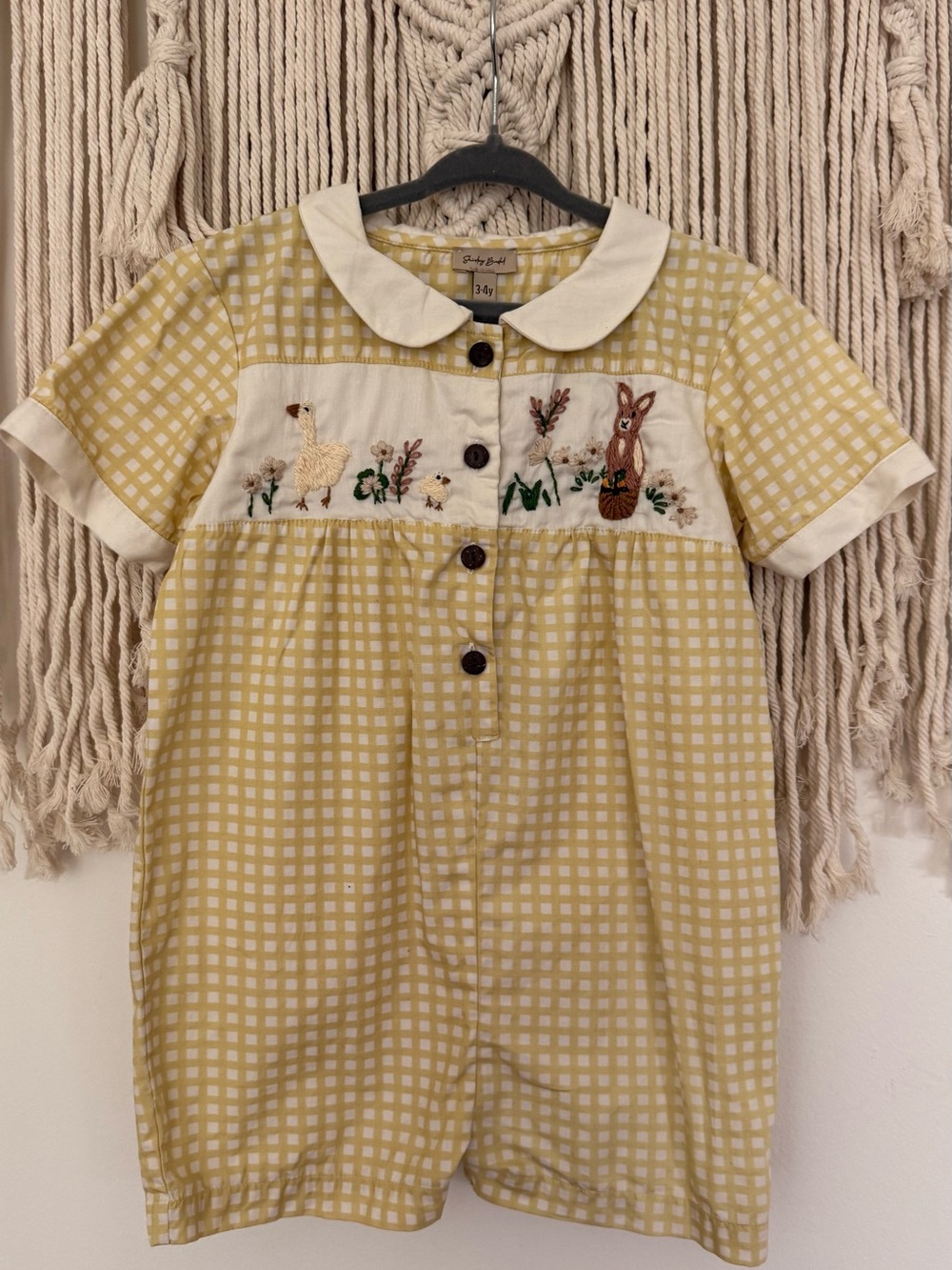 Shirley Bredal Yellow Gingham Peter Pan Collar Embroidered Romper